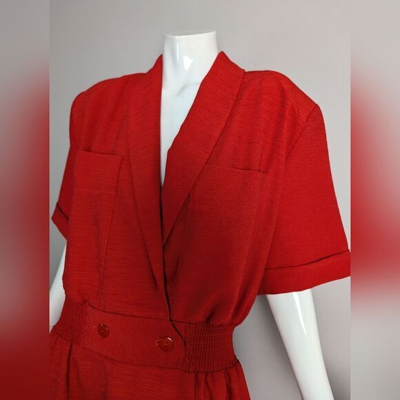 Vintage RedâFaux Wrap Midi Dress Womenâs XL Cinched Waist Shoulder Pads - Picture 4 of 10
